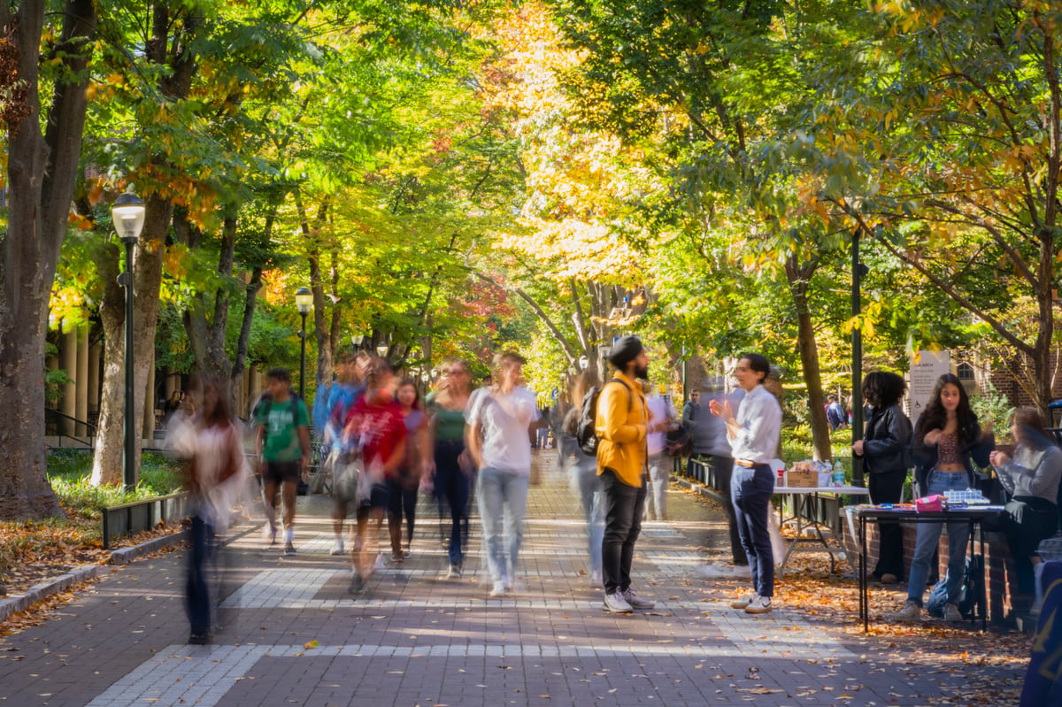 A lively college campus scene shows students walking and talking along a tree-lined pedestrian path on a sunny autumn day