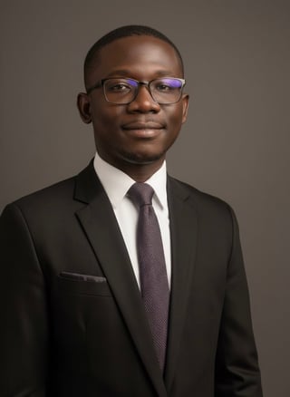 Professional portrait of Emmanuel Essel Acheampong wearing glasses, black suit, white shirt, and purple tie