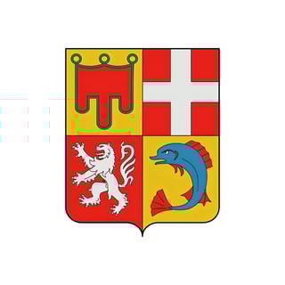 Heraldic coat of arms divided into four quarters featuring red crowns, a white cross, a rampant lion, and a blue dolphin on yellow background