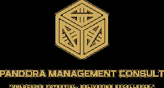 Pandora Management Consult logo featuring a gold geometric cube with crosshatch pattern and company tagline